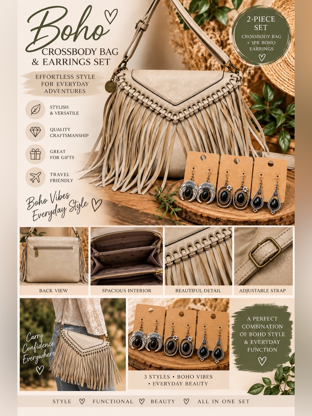 Boho Fringe Crossbody Bag with Earrings Set - Beige